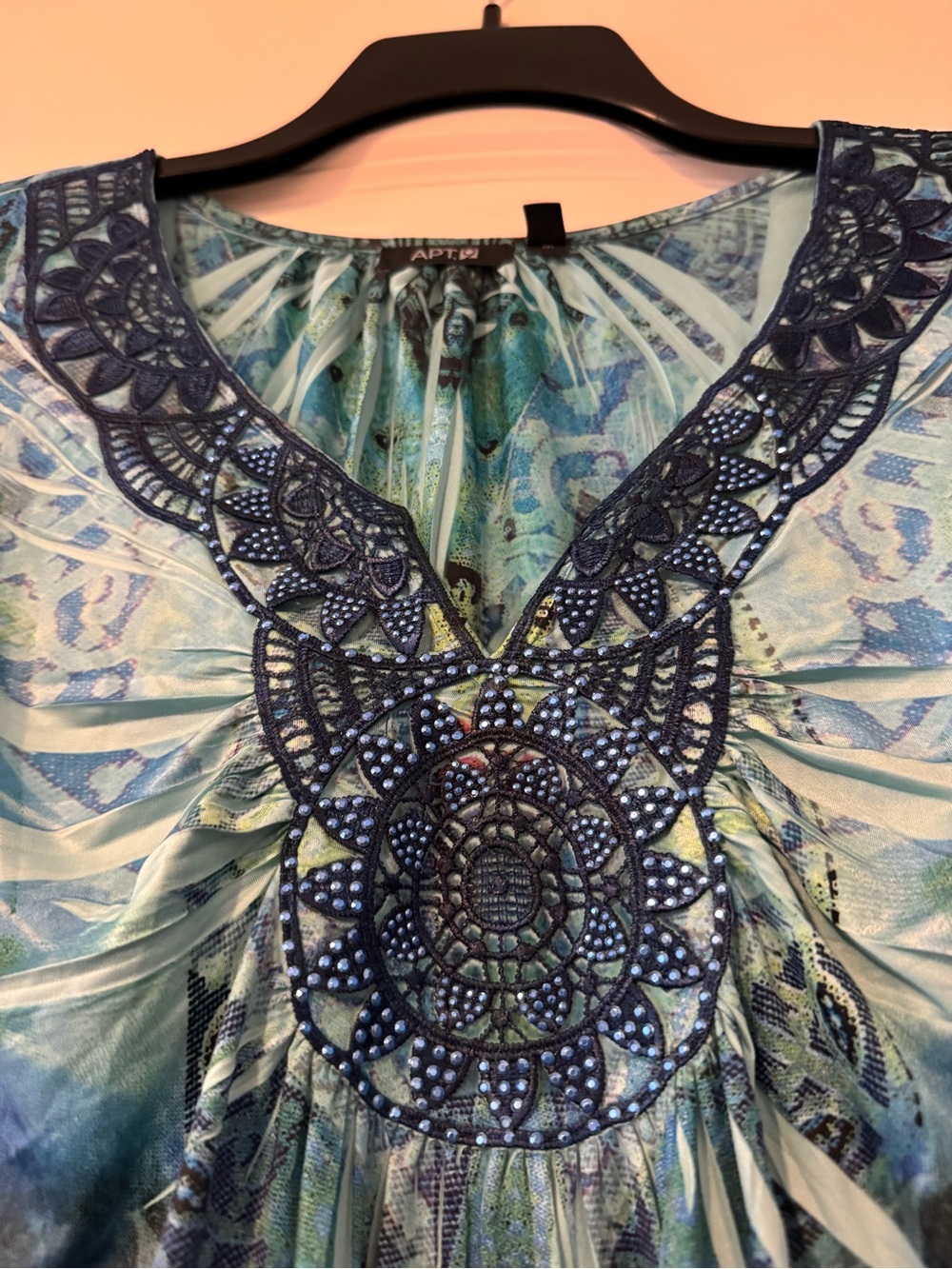 Apt. 9 Teal and Navy Embellished V-Neck Short Sleeve Tunic - Picture 10 of 11